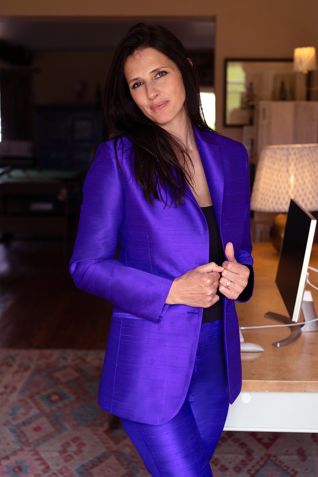 Silk women's suit. Handmade suit in raw silk in purple. Wedding guest women's suit.