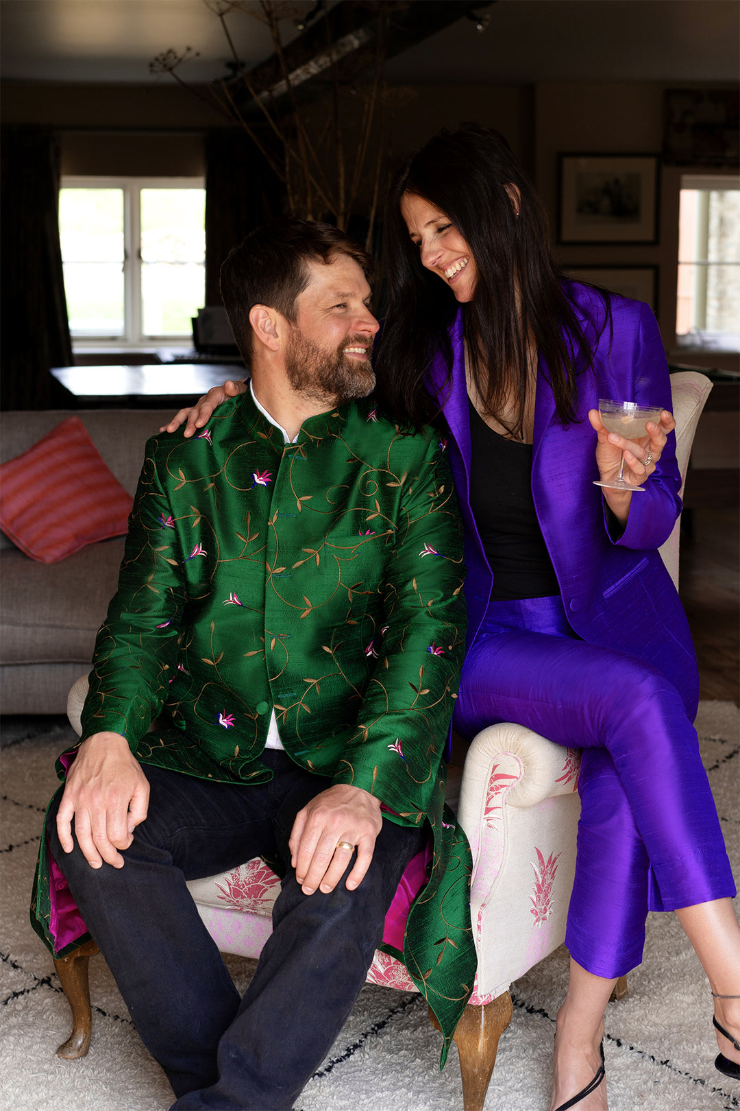 Matching jacket and trousers for women. Purple silk suit. Elegant outfits for men and women. Wedding guests wearing Shibumi.