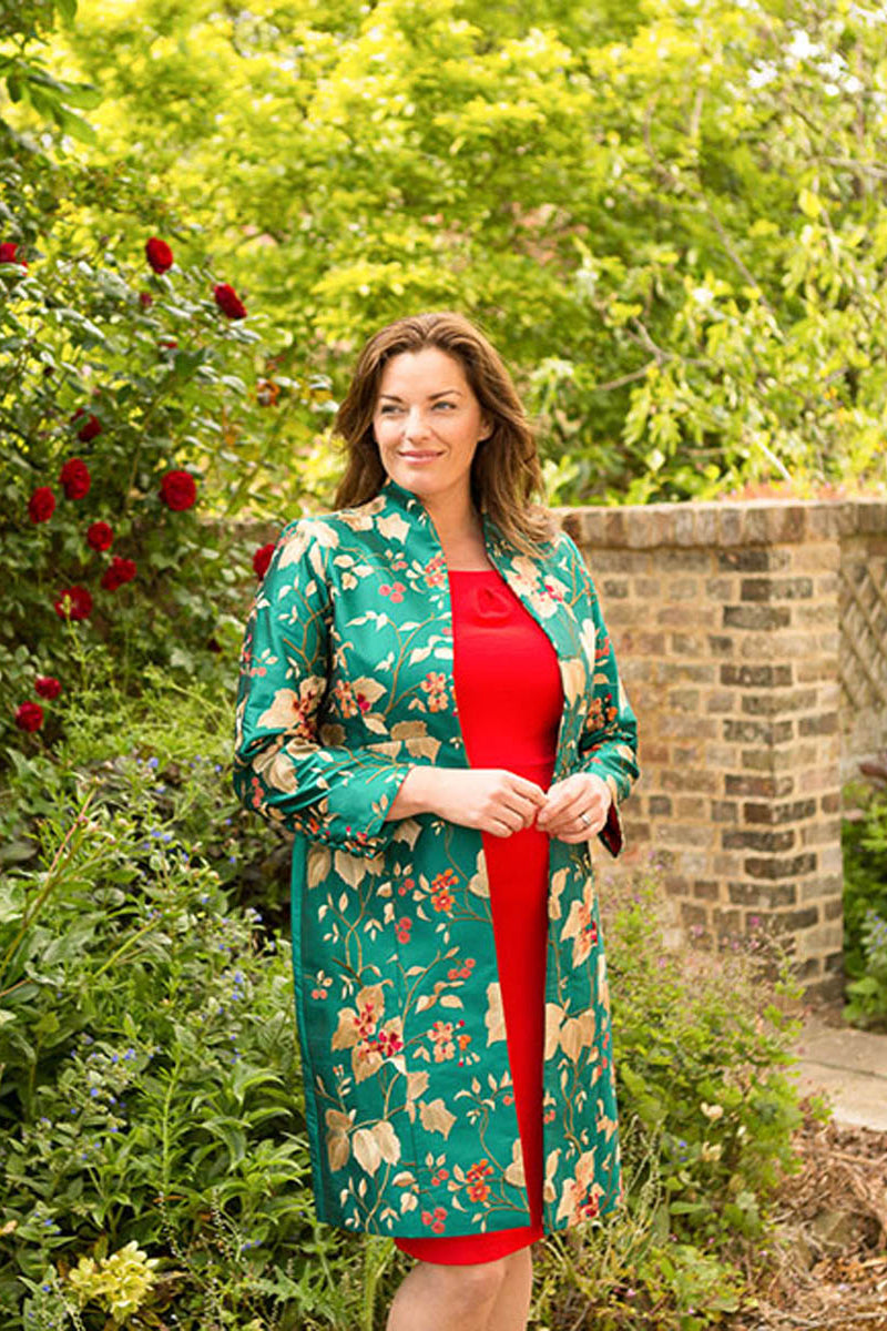 Green floral coat for women. Open coat in green silk with yellow and red flowers. Mother of the bride dress coat.