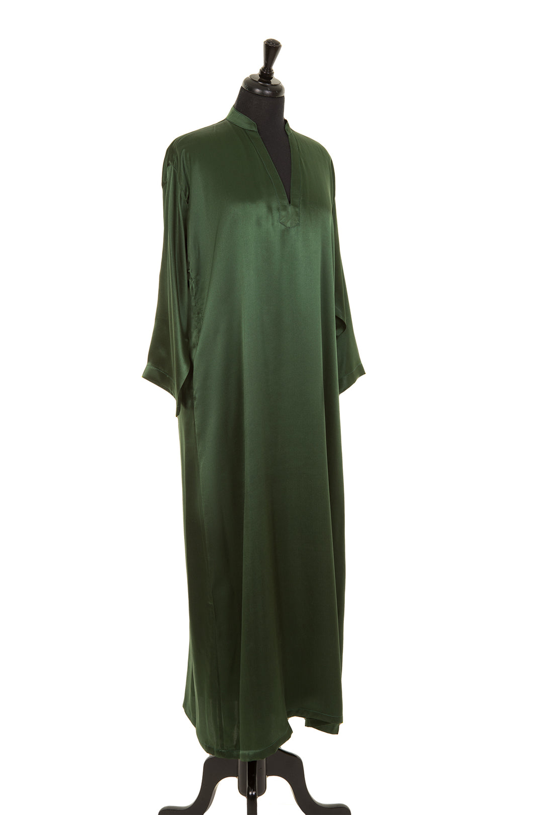 Long silk v neck dress in green colour. Holiday dress.