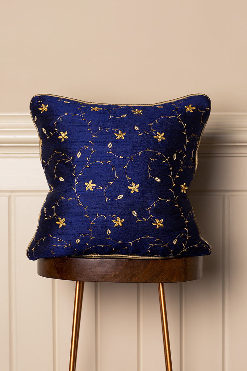 Medium Silk Cushion in Royal Navy Blue Silk Cushion with Golden