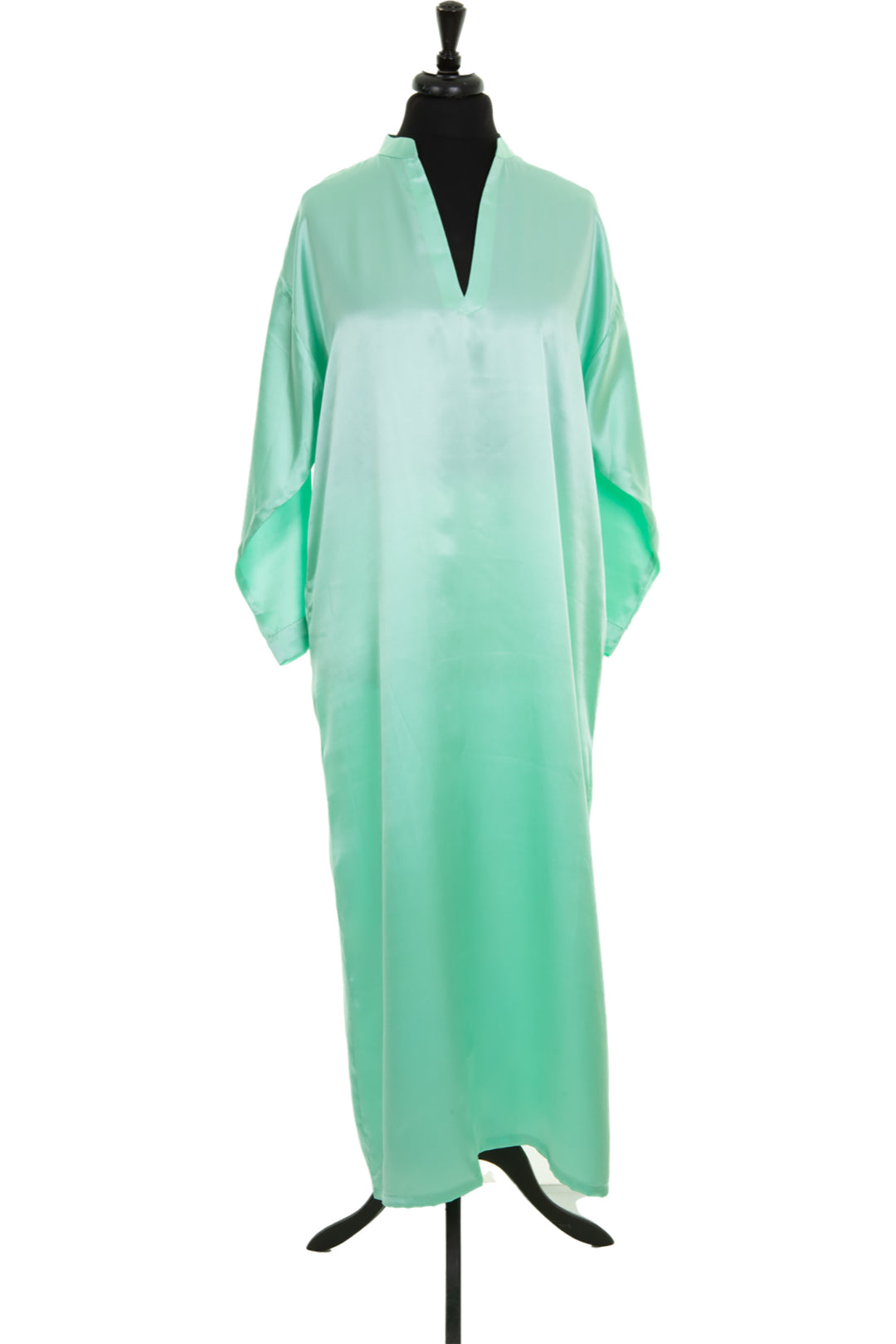 Women's long sundress in light green. Silk kaftan for plus size.