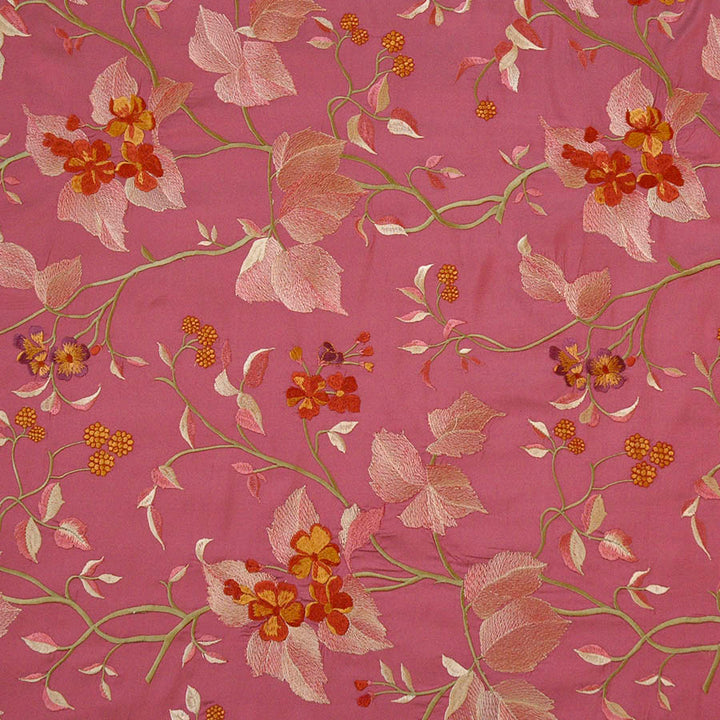 pink silk fabric with floral embroidery