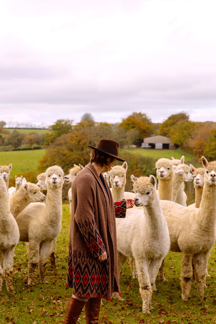 Woman wearing long brown wool coat playing with alpacas.
