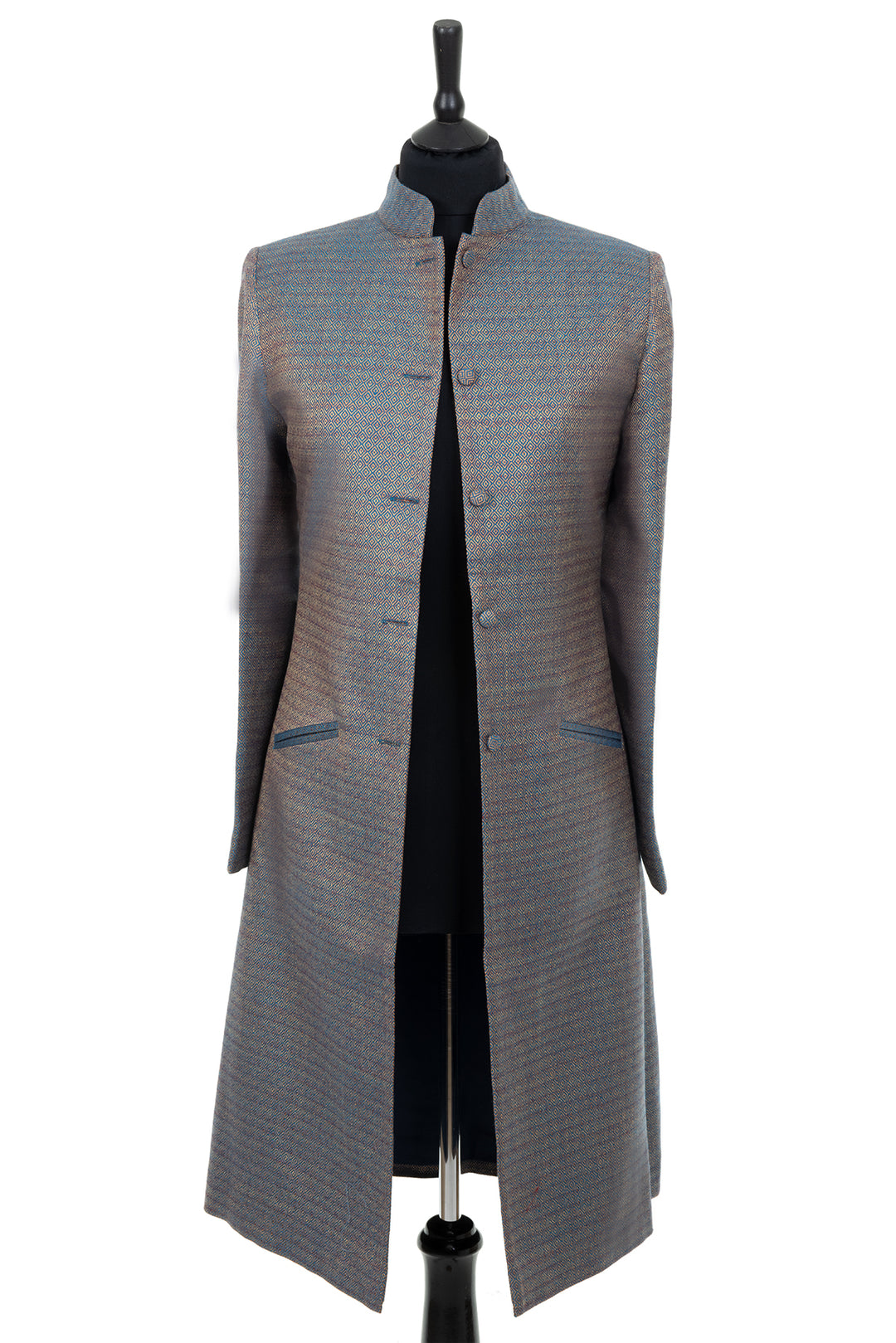 Nehru collar coat in blue with pattern.