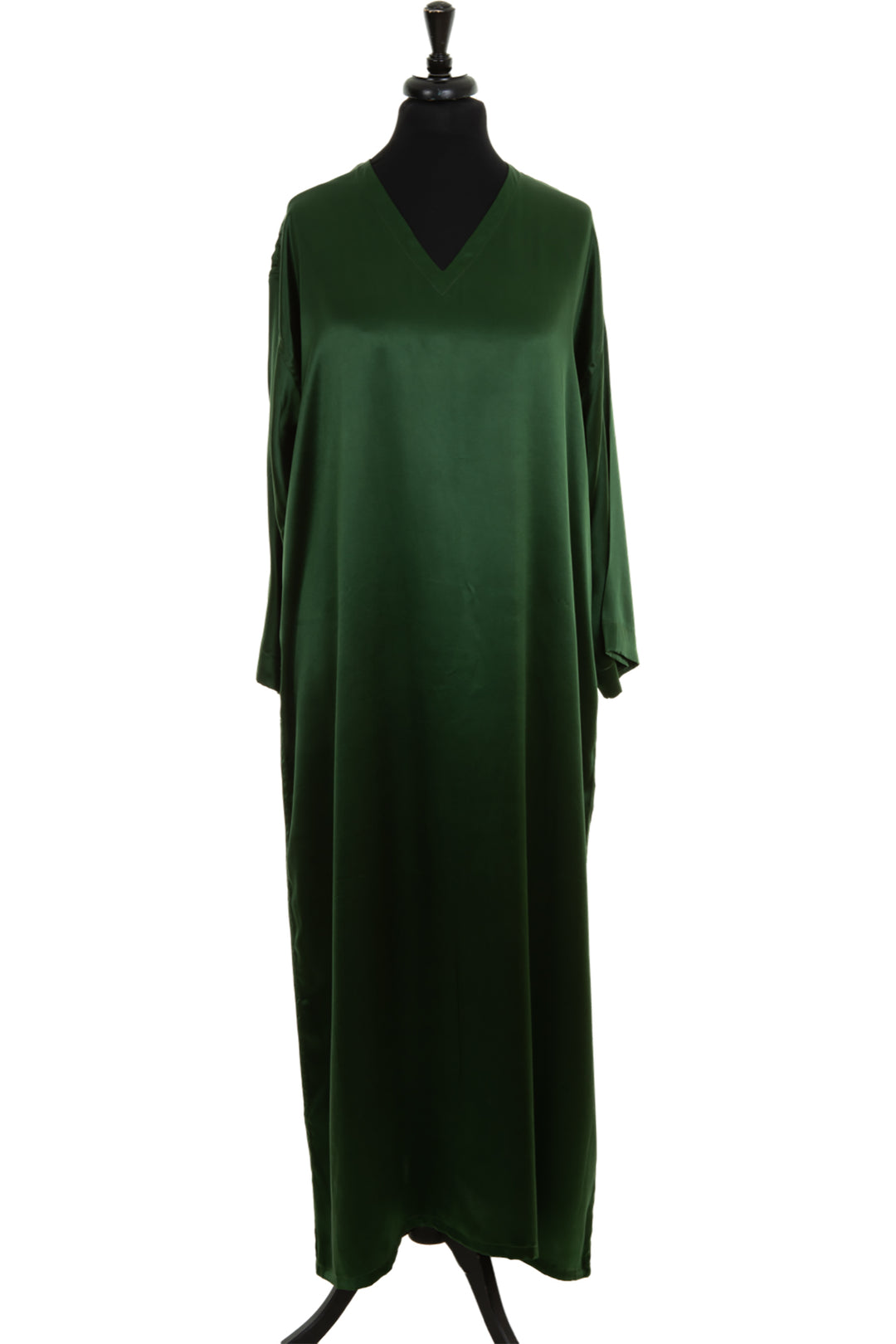 Luxury kaftan in dark green. Oversized silk dress. V neck beach cover up for holidays.