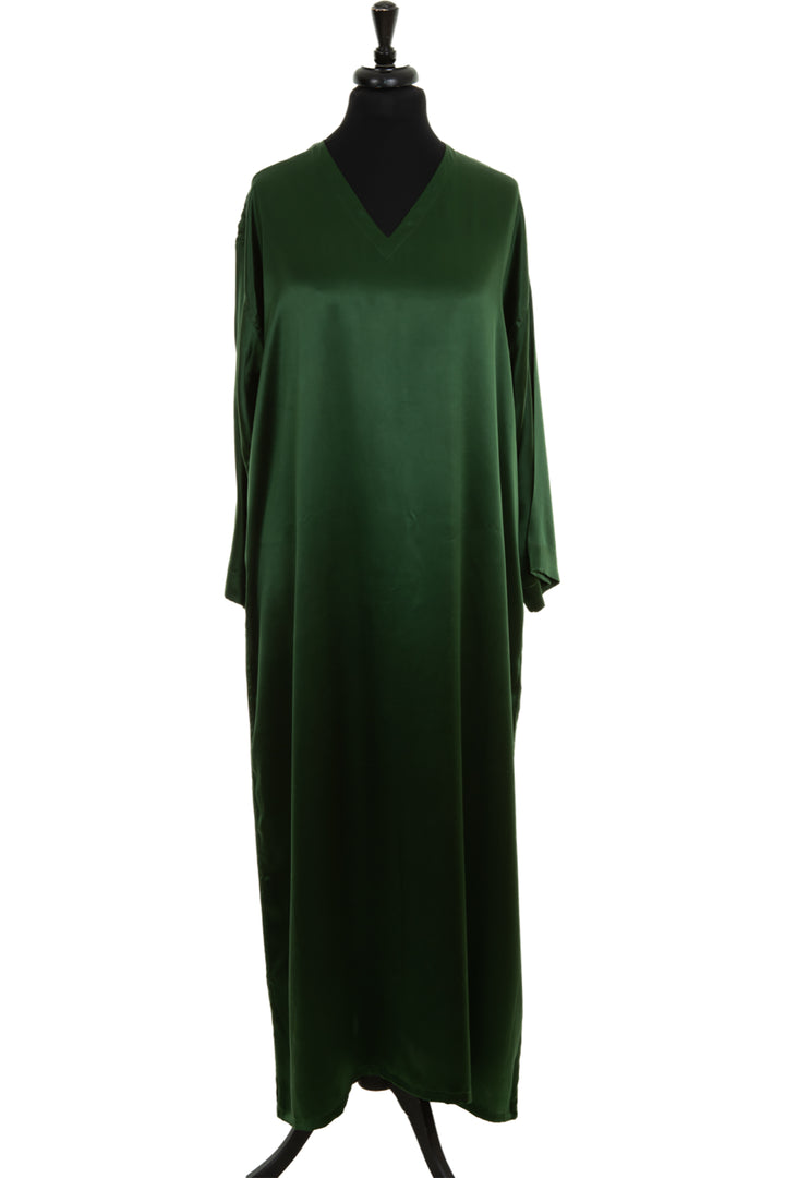 Luxury kaftan in dark green. Oversized silk dress. V neck beach cover up for holidays.