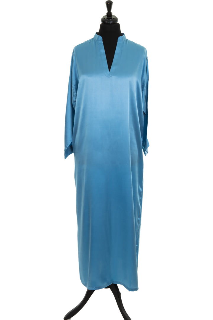 Long blue summer dress. Silk kaftan for women.