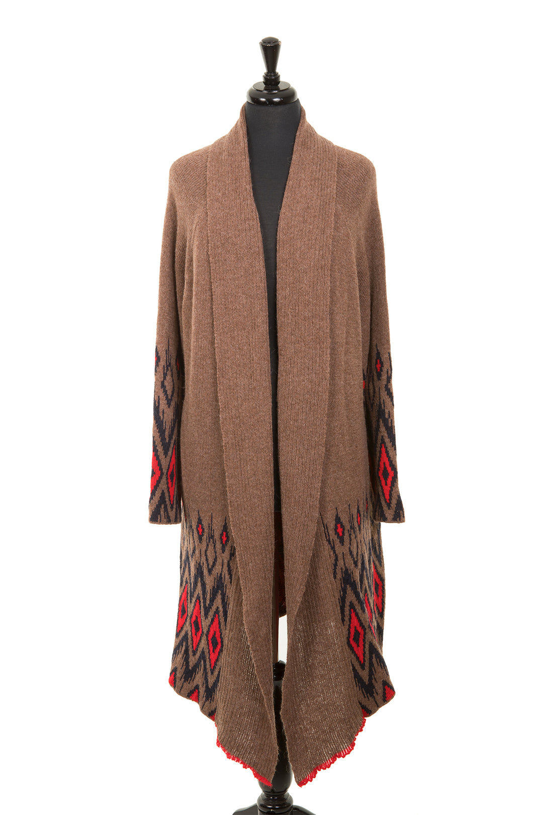 Long brown alpaca cardigan with red diamonds.