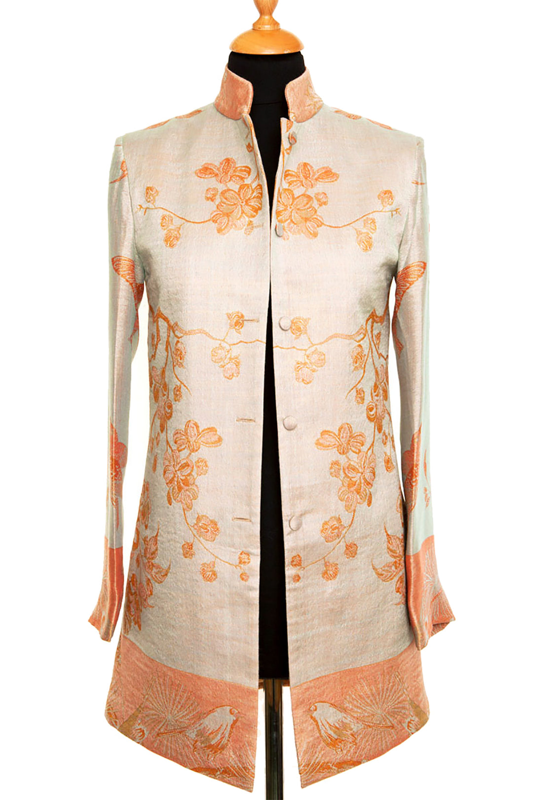 Shibumi longline jacket with floral pattern. Mother of the bride outfit.