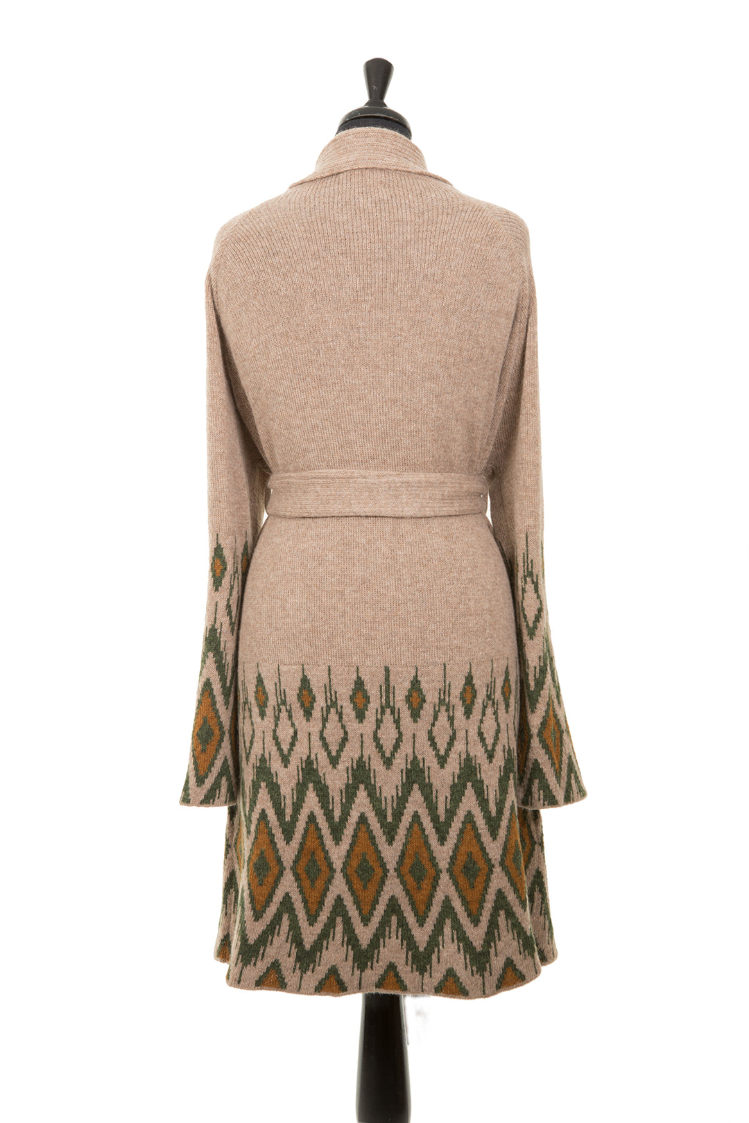 Brown long line cosy cardigan with a belt.