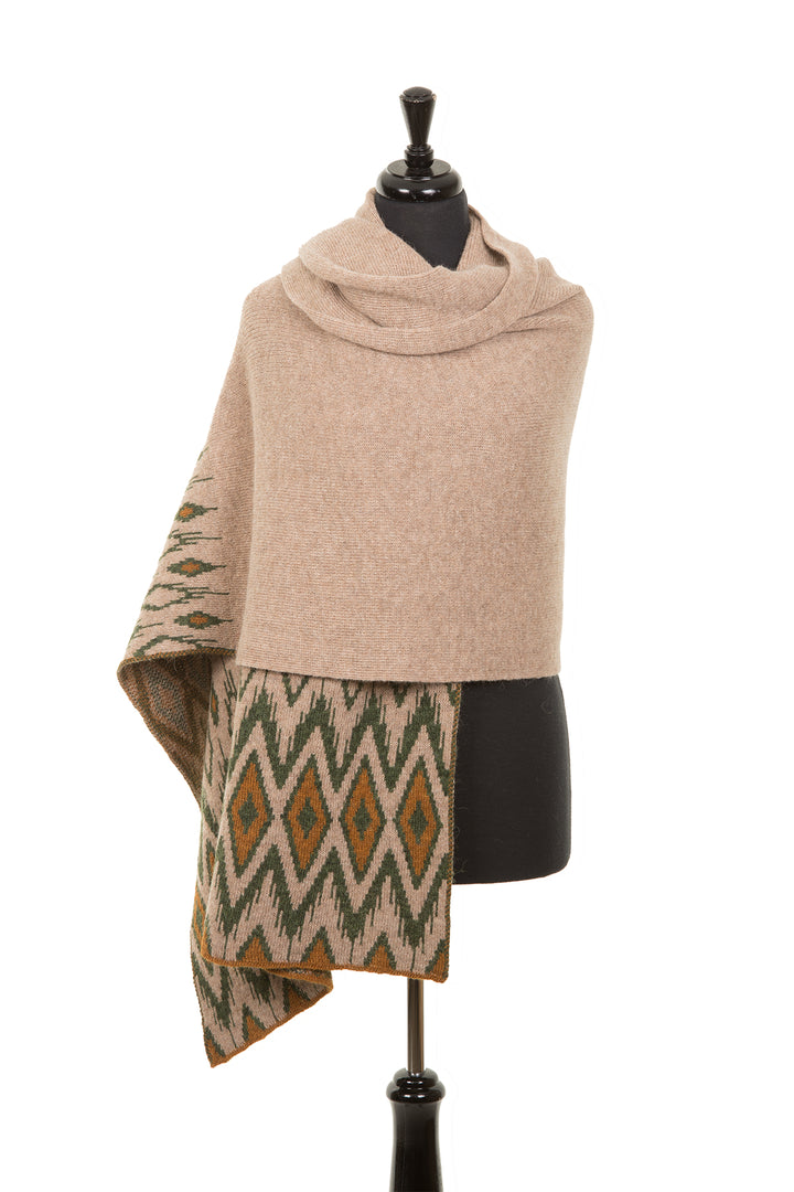 Soft beige scarf with green and yellow design.