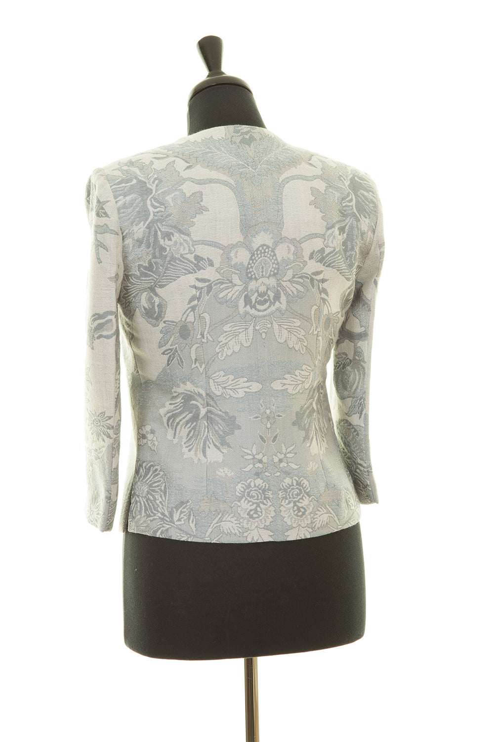 Silk short blazer in grey with blue flower pattern