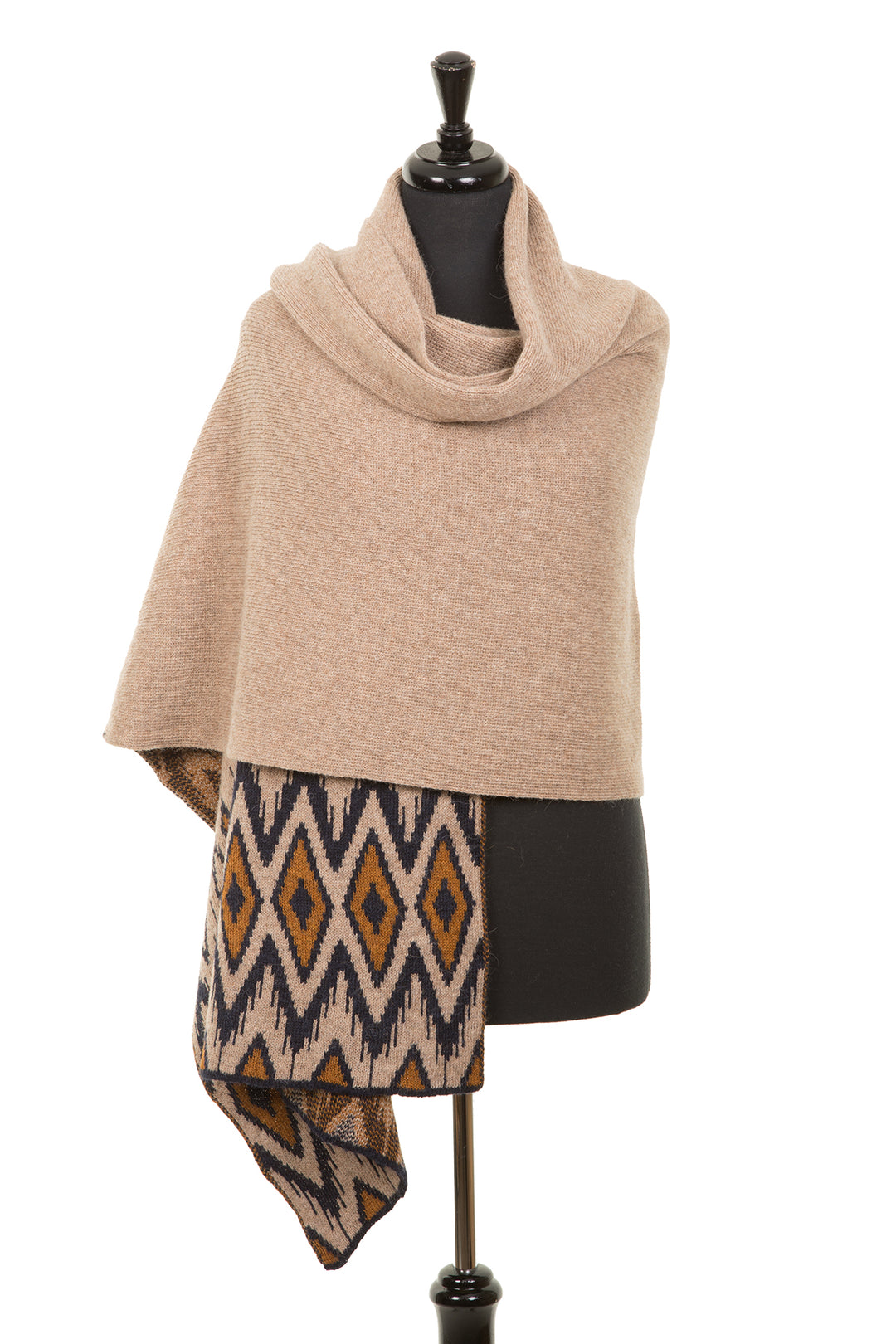 Wool shawl with yellow and black geometric pattern.