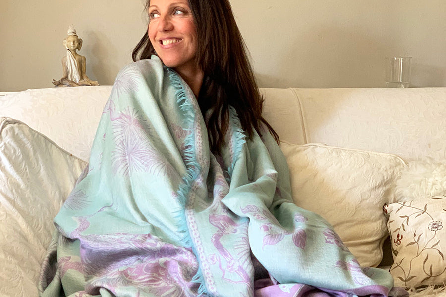 bed throw in blue and lilac