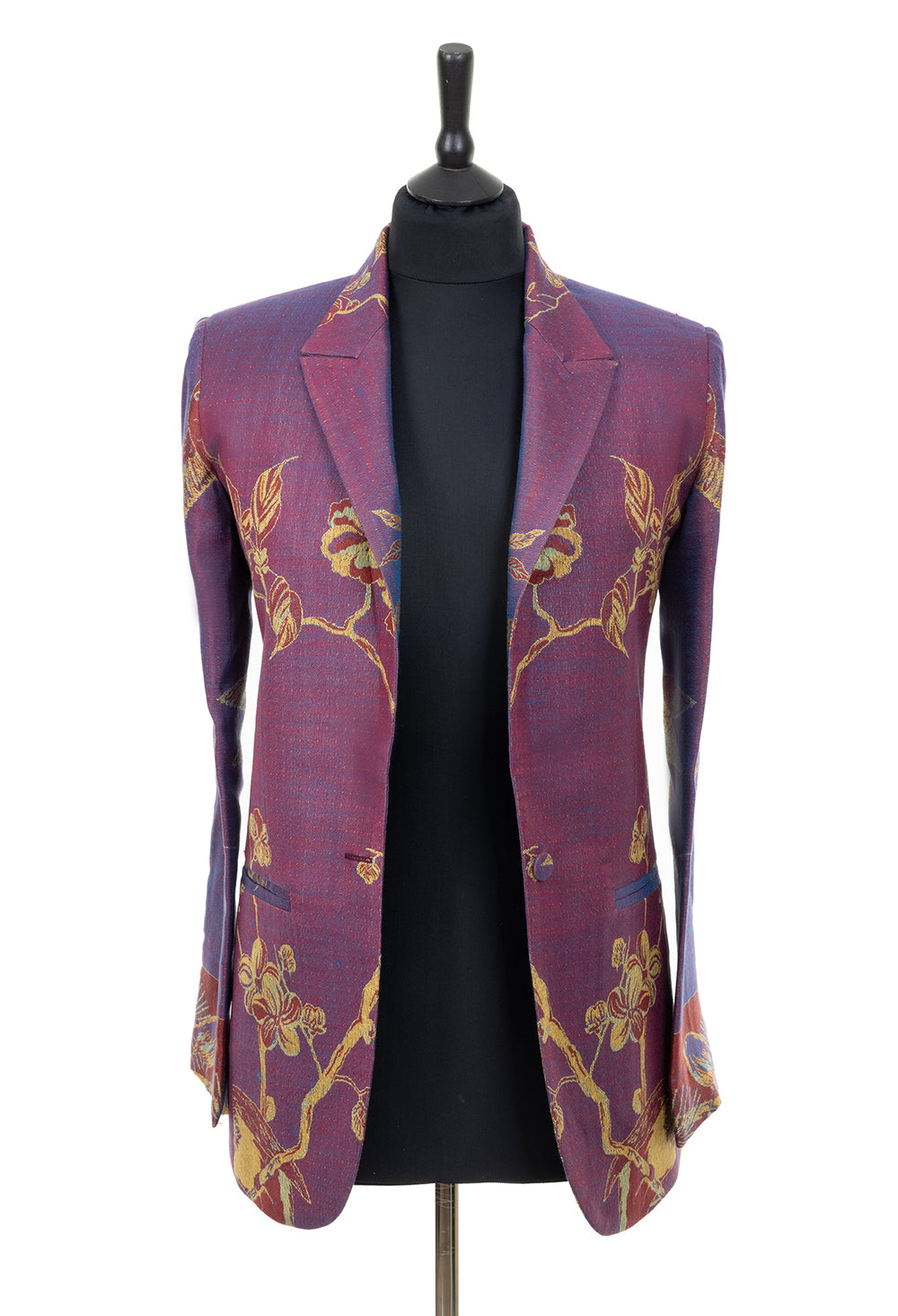 Shibumi jacket in Imperial Blue. Classic style women's jacket in purple with golden and red flowers. Tree of life pattern jacket.