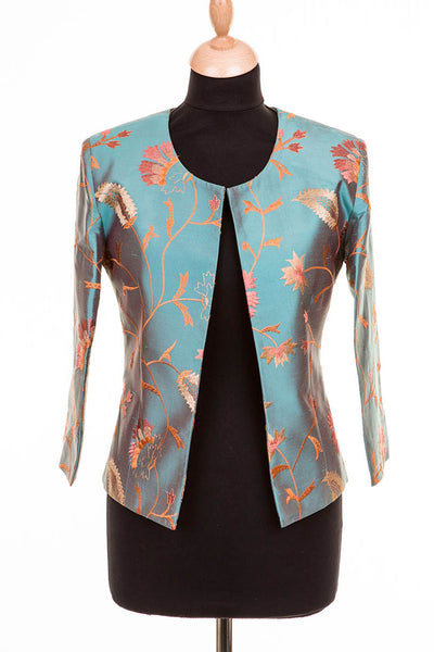 smart silk bolero style jacket for wedding in shiny blue. 