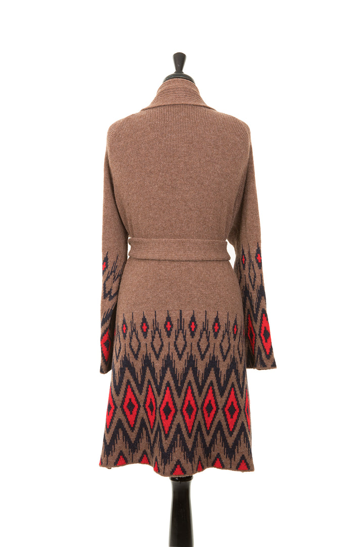 Cardigan from the back, on a mannequin.