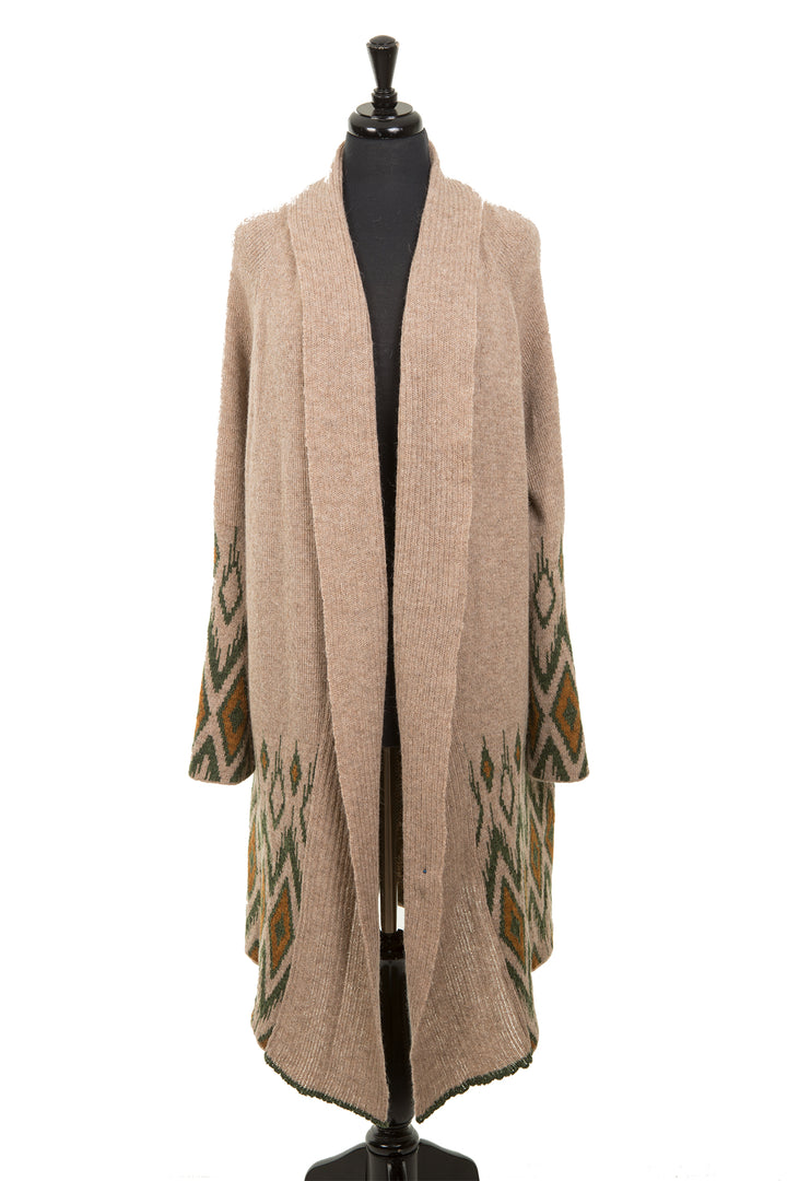 Brown knit cardigan with green and yellow diamonds.