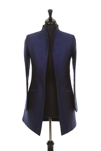 dark blue silk fitted women's jacket, handmade raw silk fabric