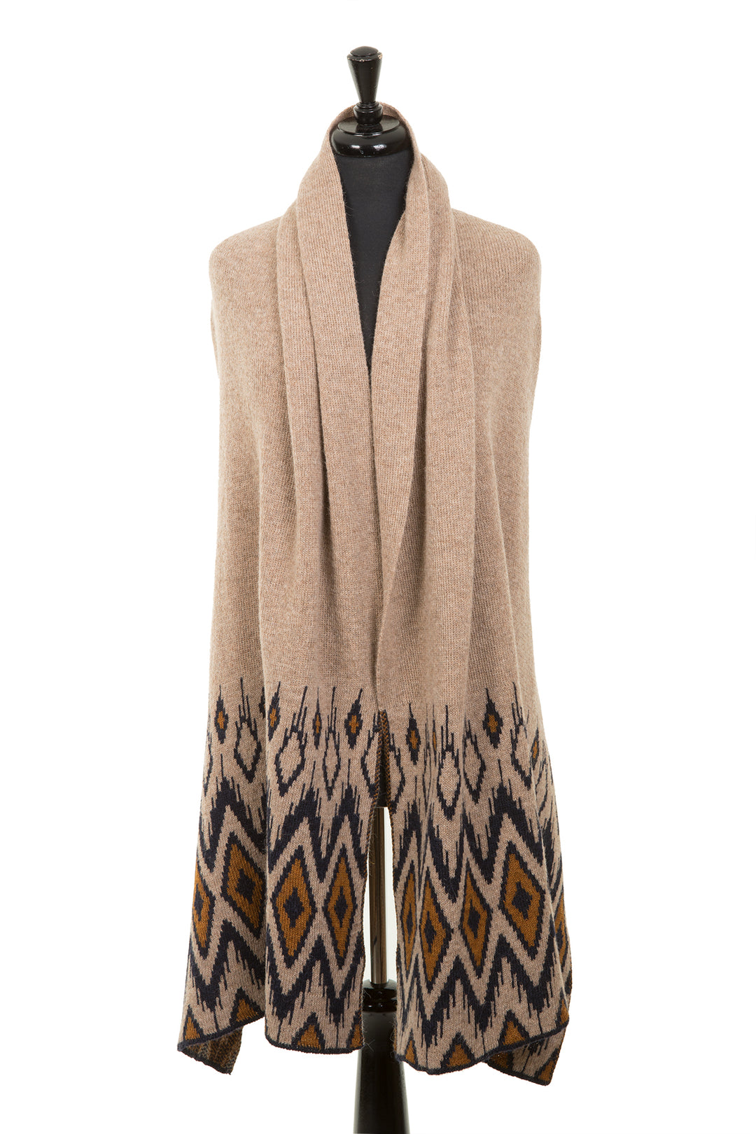 Natural colour wool scarf with aztec design.