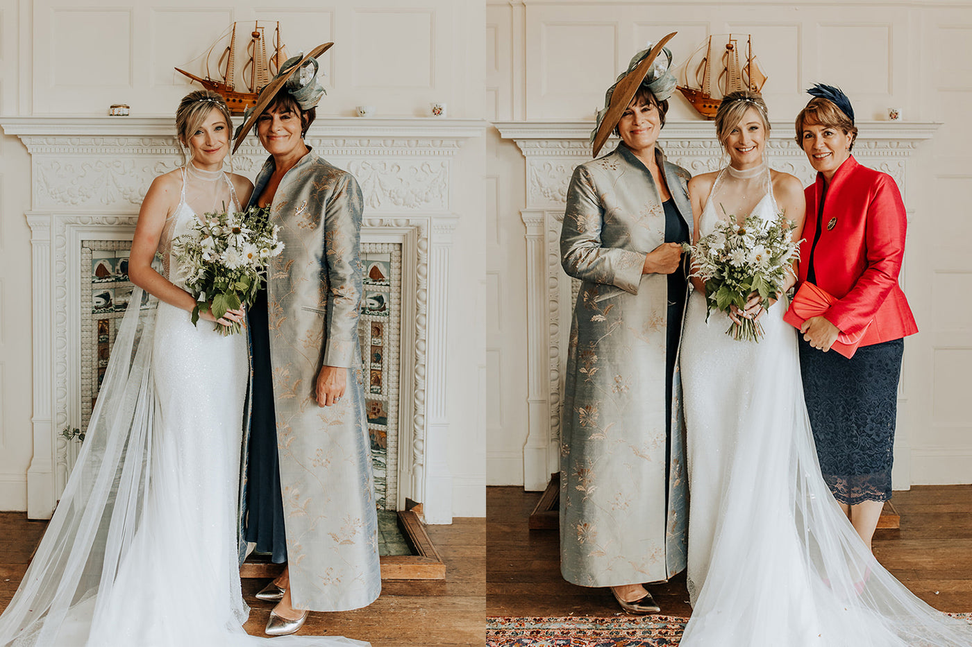 Family picture at a wedding with mother of the bride outfit including a shibumi embroidered silk dress and silk coat in a rich blue.