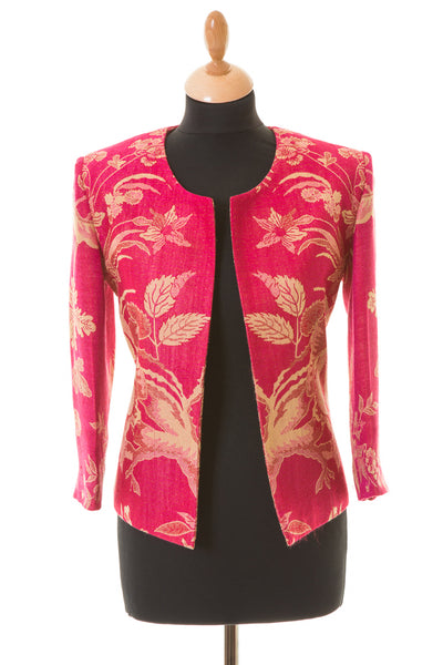 Cashmere short jacket Chanel style. Vivid red with flower pattern. 