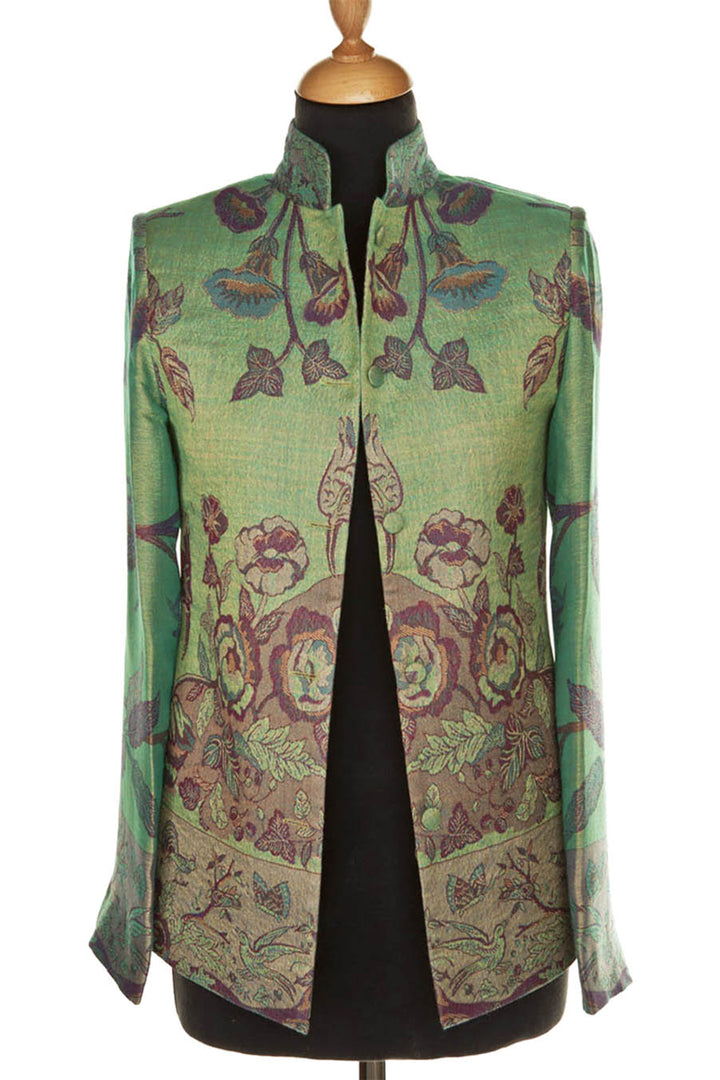 short ladies jacket with floral pattern. Cashmere green nehru style jacket. 
