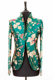 bright teal embroidered silk fitted jacket for women, mother of the bride outfit, silk opera jacket, wedding outfit with trousers, women's suit, plus size wedding outfit