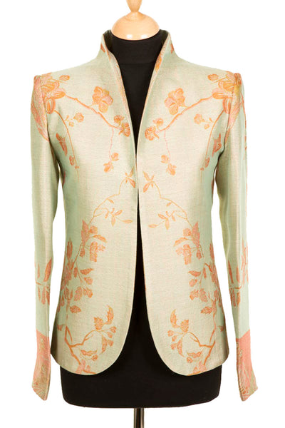 Short women's blazer in green colour with orange flower patter, wedding guest jacket. 