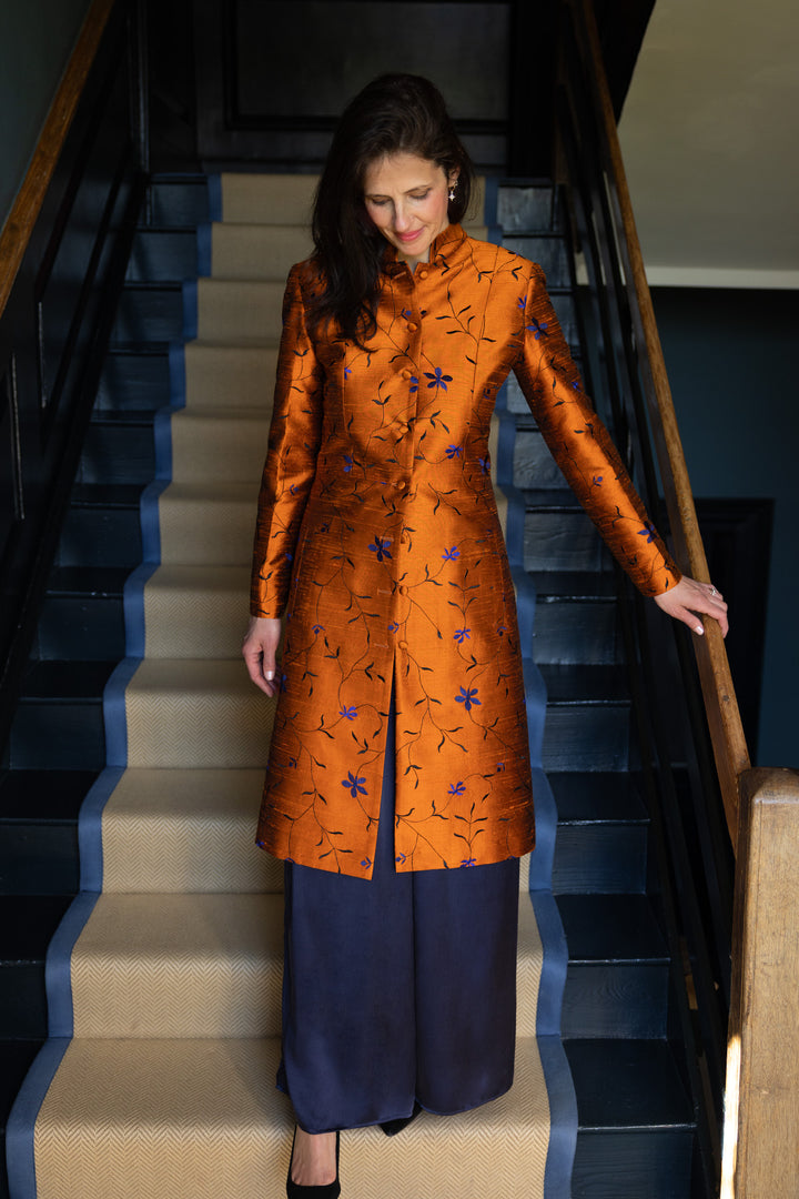 The Liberty Silk Coat in Copper Blaze – mid-length silk coat for weddings and special occasions