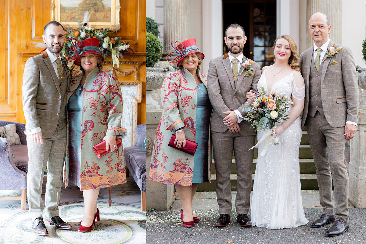 A side-by-side wedding portrait collage showing a bride and groom with two guests in matching coordinated outfits. The outfits feature a muted sage green base with red floral motifs, teal blue dresses, and red hats, styled with bouquets and formal wear in an elegant outdoor and indoor setting.