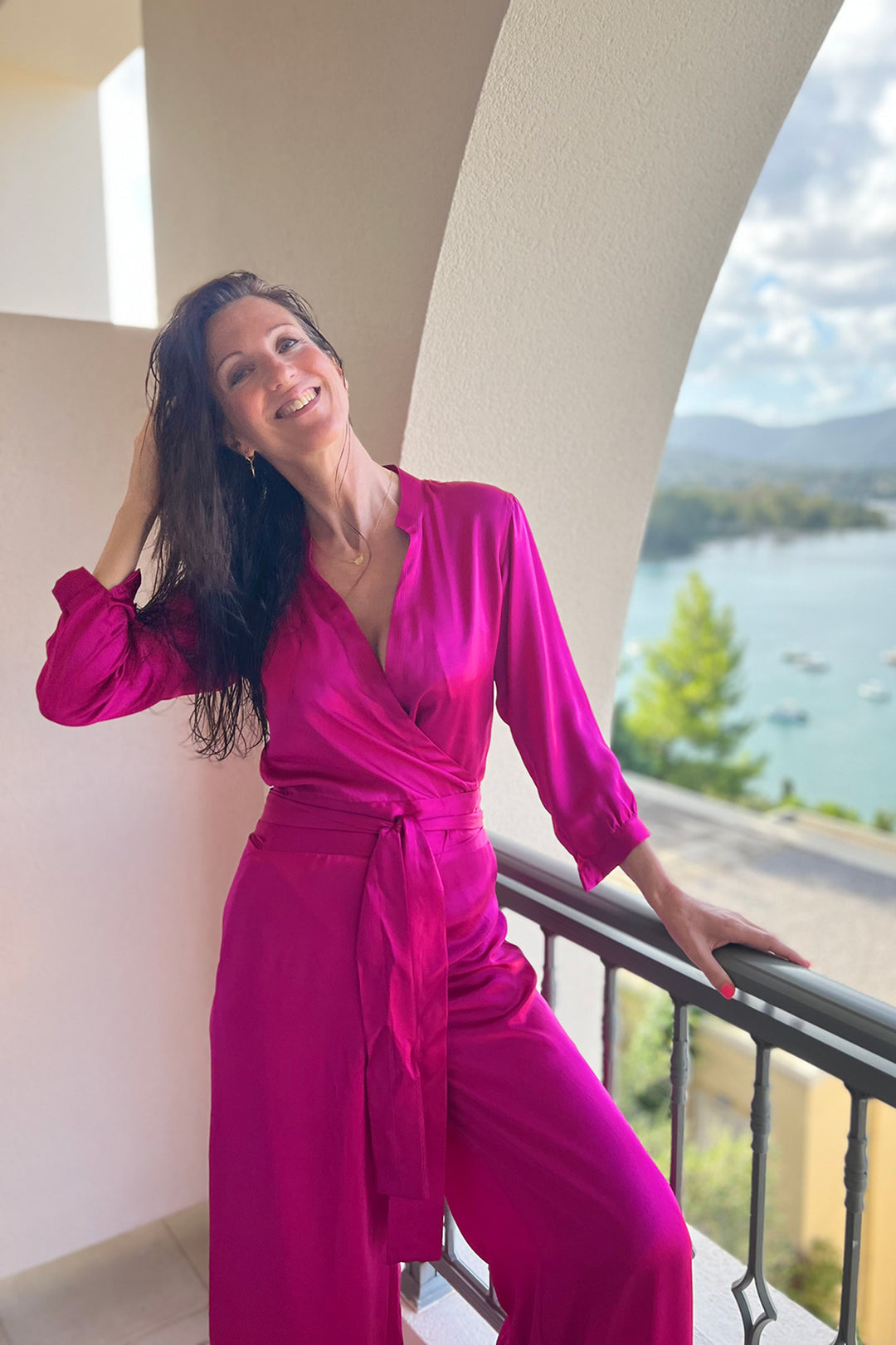 Silk Jumpsuit in Electric Pink Long Wide Leg Jumpsuit – Shibumi