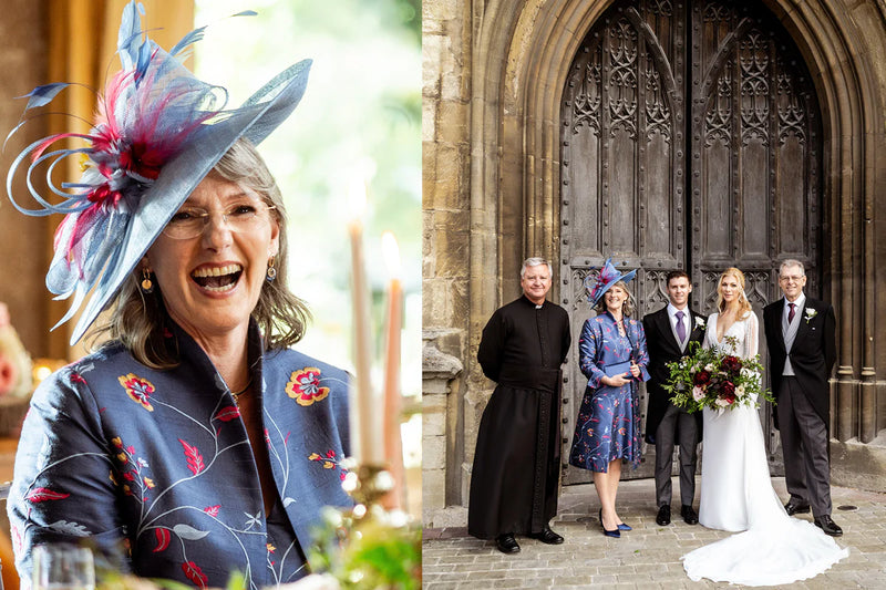 A split-screen wedding collage. The left side shows a smiling woman in a blue floral jacket and a large blue, pink, and red feathered fascinator hat.
