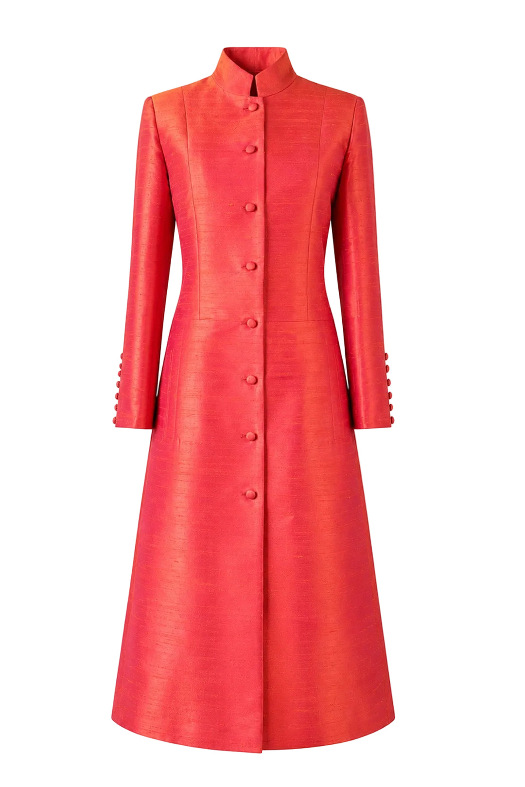 A vibrant coral-red long-sleeve midi coat with a mandarin collar and a front button closure, displayed on a clean white background.