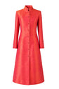 A vibrant coral-red long-sleeve midi coat with a mandarin collar and a front button closure, displayed on a clean white background.