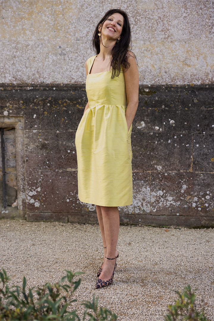 Lucie Silk Dress in Lemon Yellow