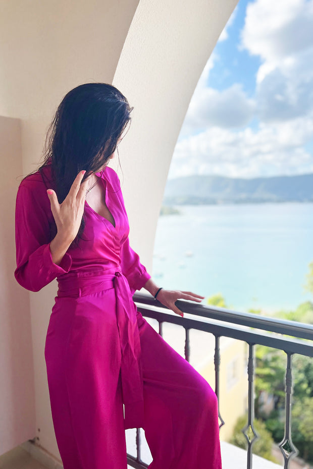 Silk Jumpsuit in Electric Pink