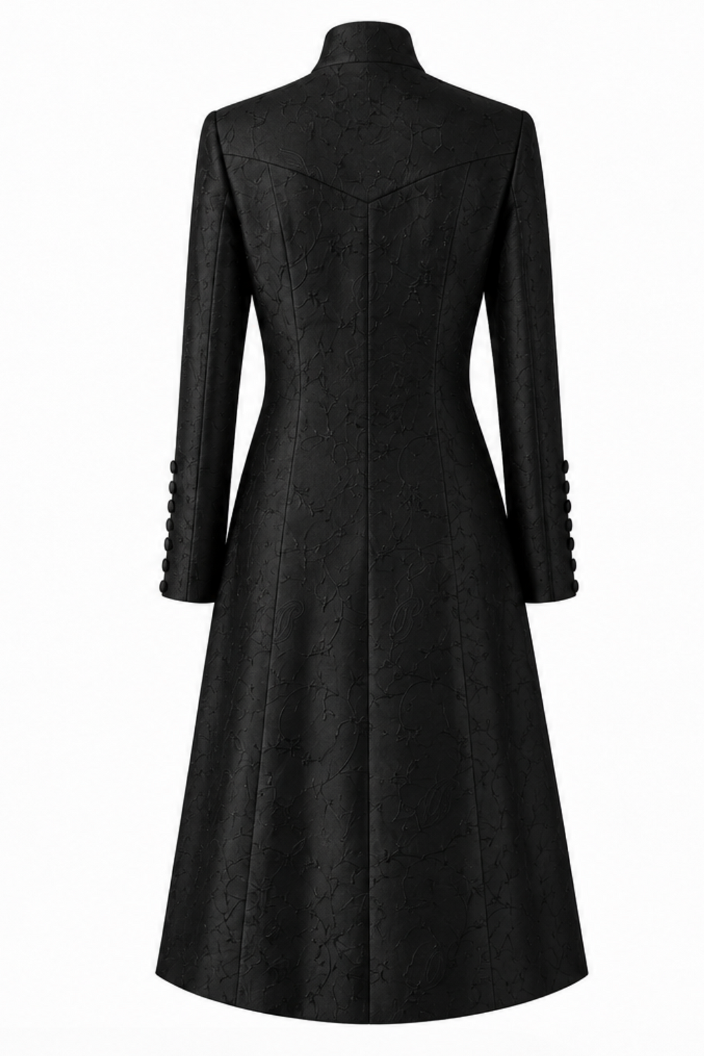 A long black midi coat with a textured jacquard pattern, featuring a mandarin collar, front button closure, and decorative button details on the cuffs, shown against a plain white background.
