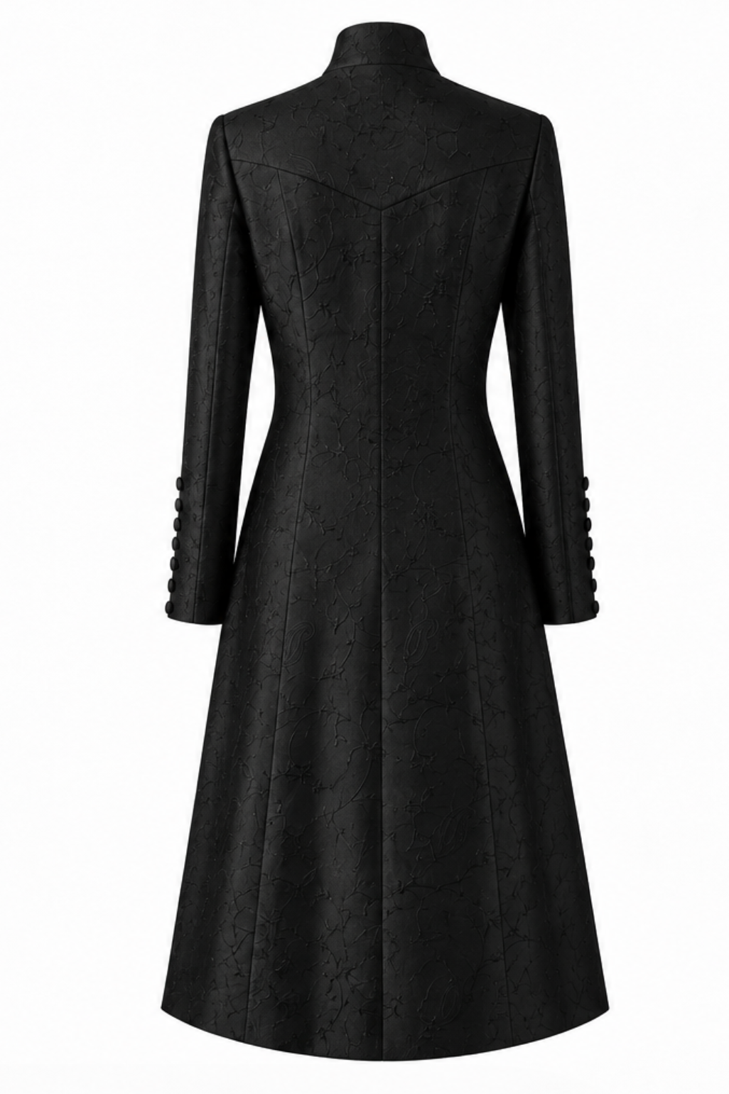 A long black midi coat with a textured jacquard pattern, featuring a mandarin collar, front button closure, and decorative button details on the cuffs, shown against a plain white background.