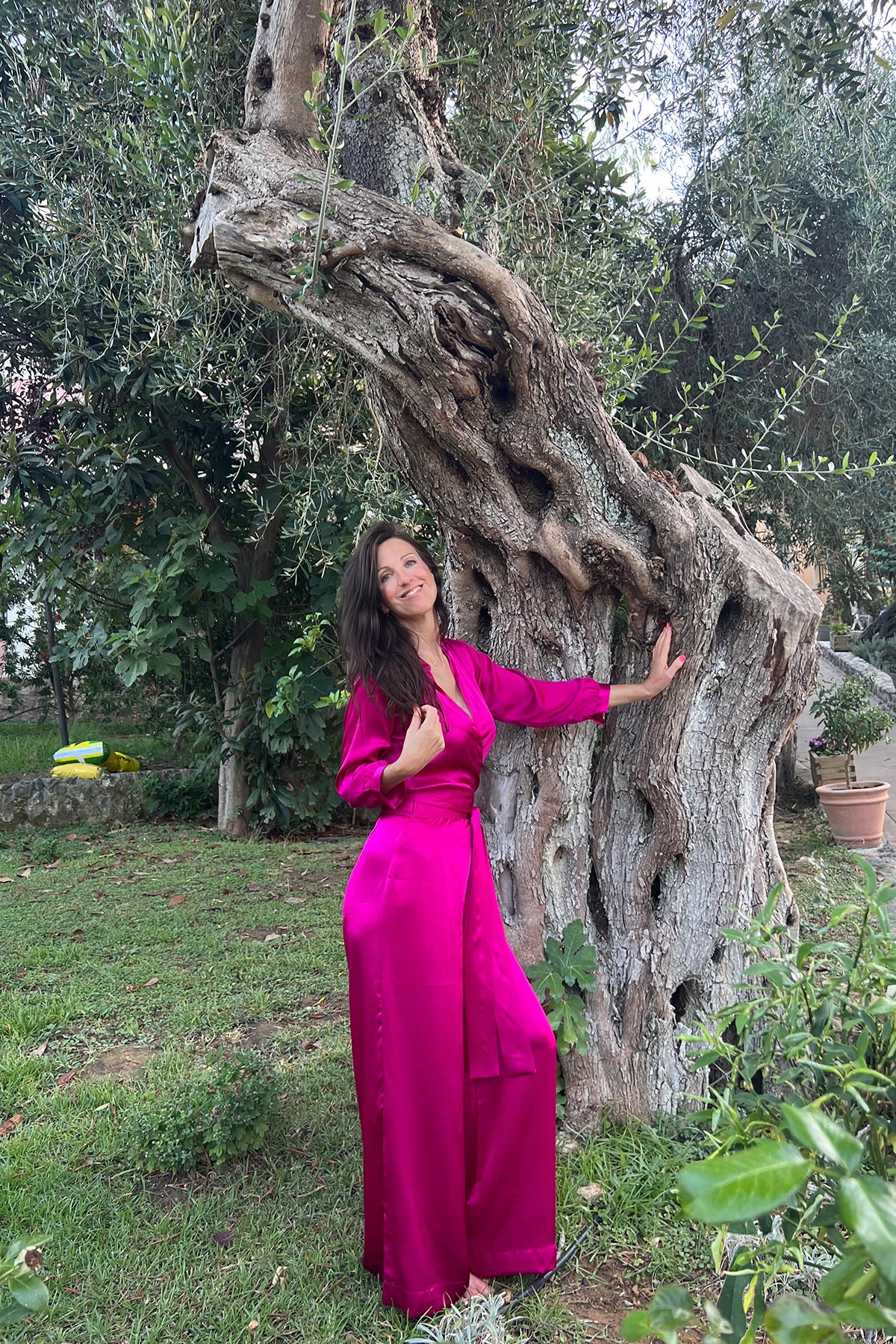 Silk Jumpsuit in Electric Pink Long Wide Leg Jumpsuit Shibumi