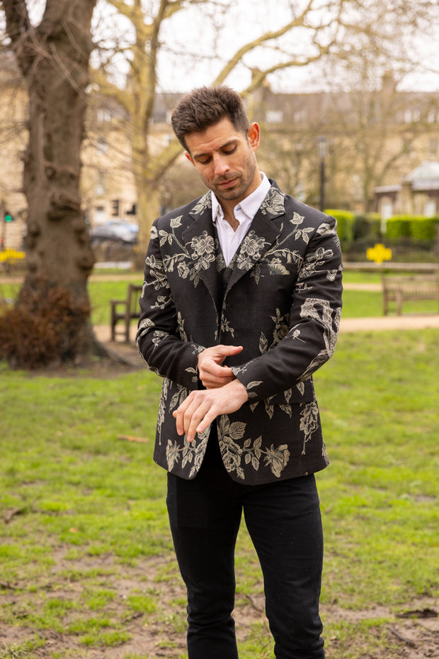 men's black cashmere jacket with flower pattern