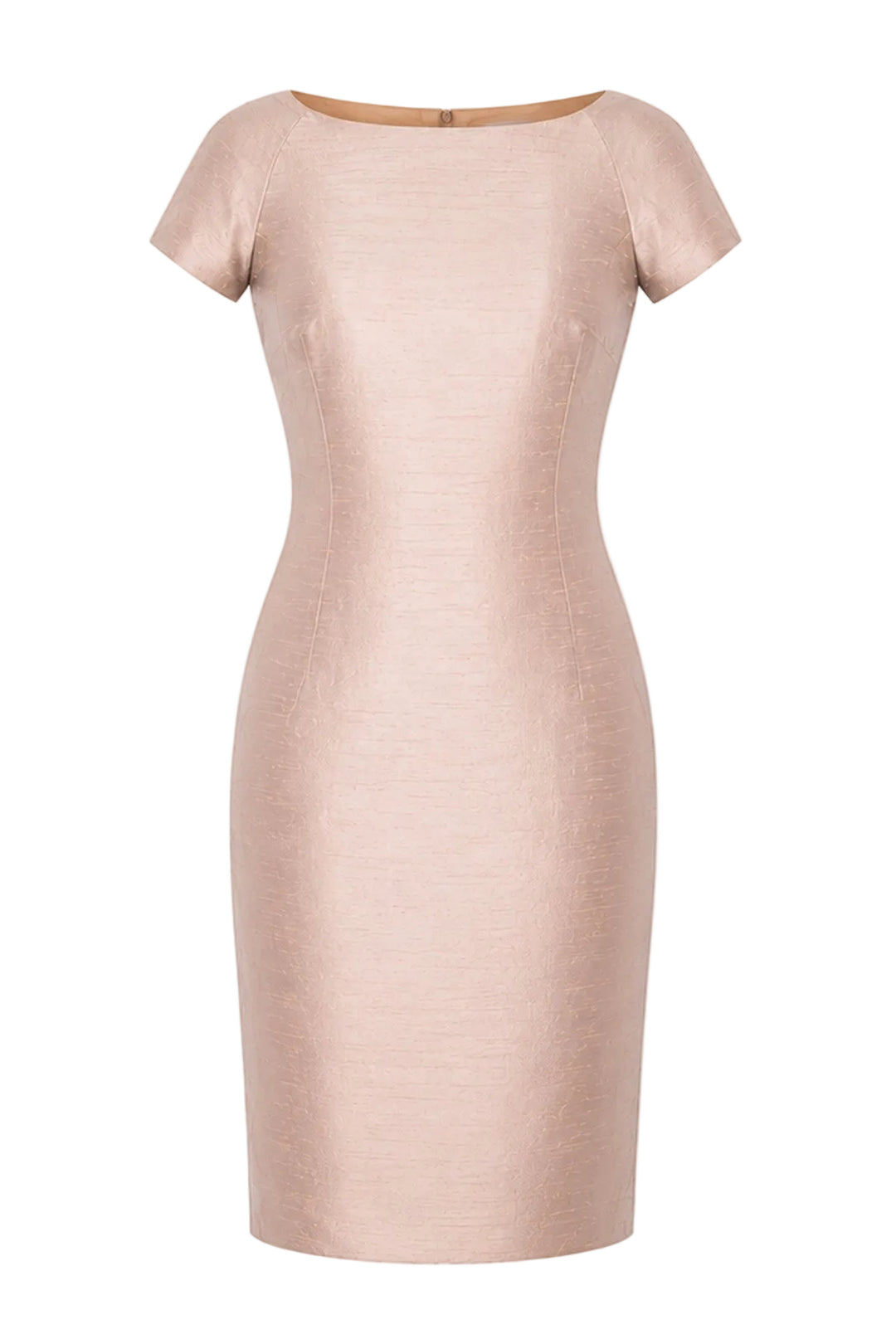 A short-sleeve, knee-length sheath dress in a light blush pink or dusty rose color, shown on a plain white background.