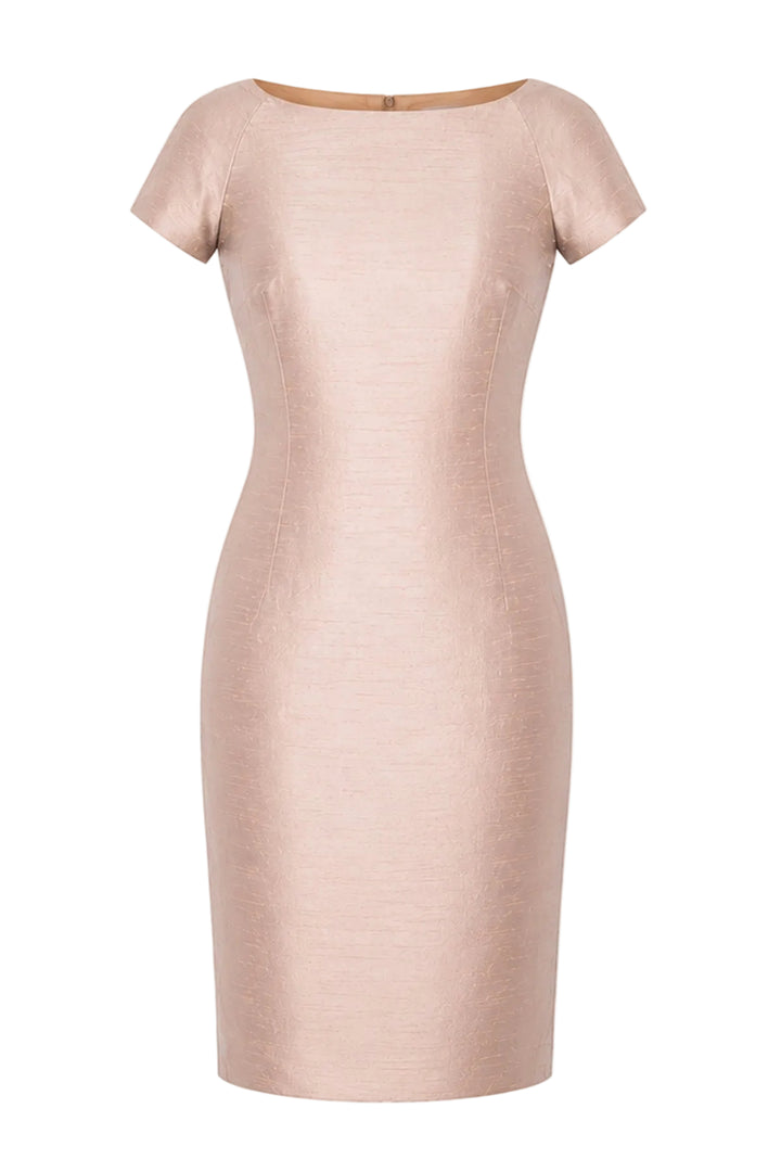 A short-sleeve, knee-length sheath dress in a light blush pink or dusty rose color, shown on a plain white background.