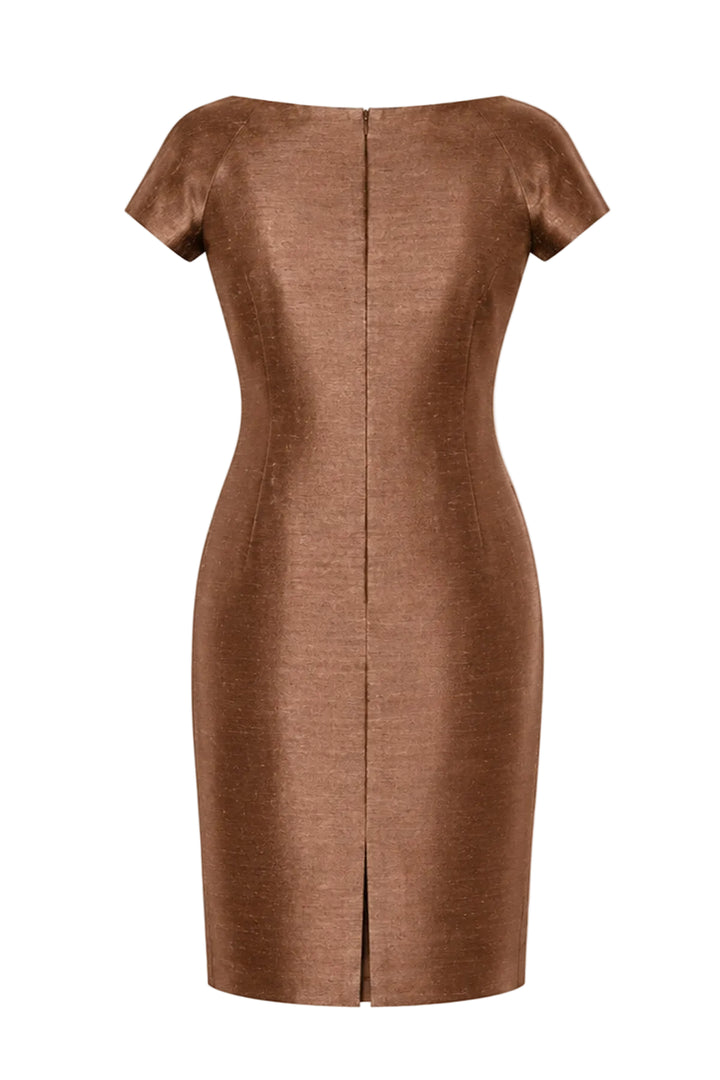 A brown short-sleeve bodycon dress with a front center zipper, shown against a plain white background.