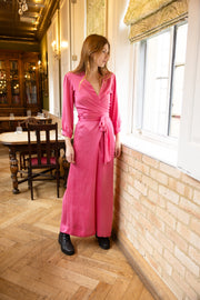 wide leg silk jumpsuit with a belt, bridesmaids outfit 