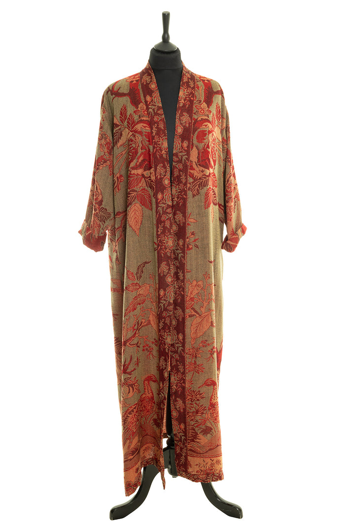 Floral cashmere dressing gown. Full length bath robe for women. Brown, green and red floral robe. 