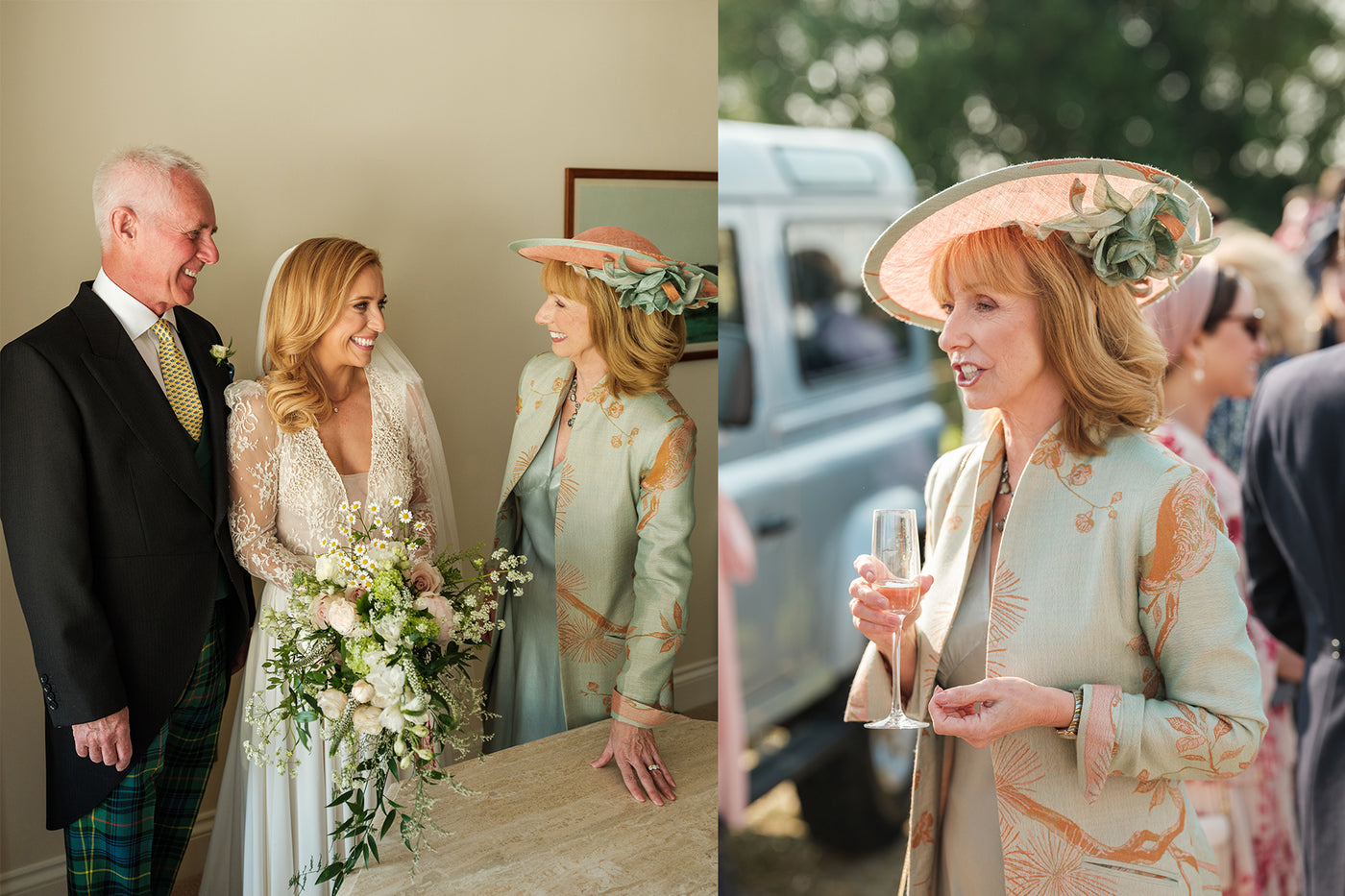 Mother and Father of the bride, alongside bride herself with the mother of the bride wearing a pale green cashmere full length coat with an apricot and blush pattern