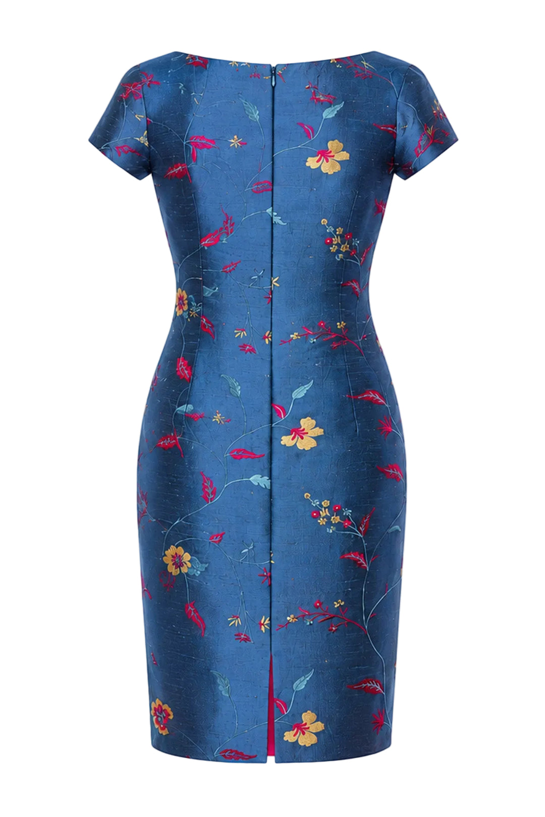 A blue short-sleeve sheath dress with a vibrant floral print in red, yellow, and green, featuring a central front zipper, shown against a plain white background.