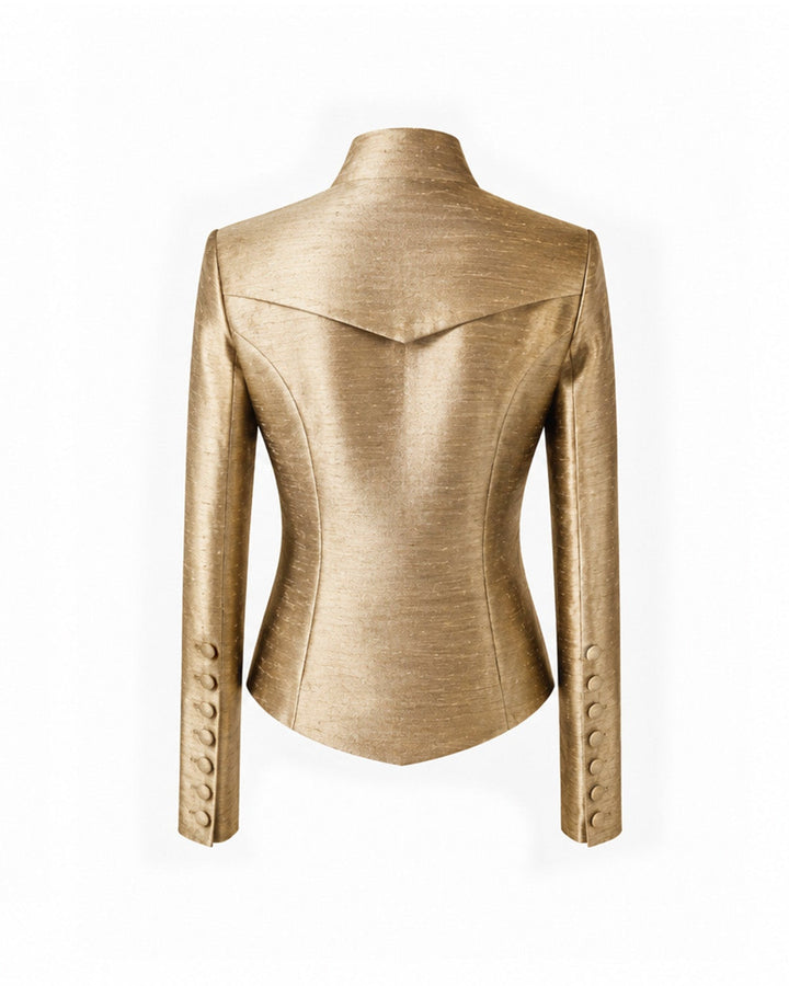 Gold metallic blazer on a white background